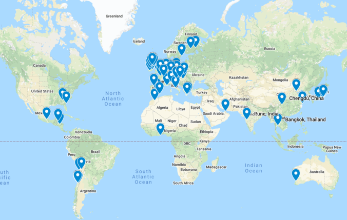 Map of destinations where class of 2020 students studied abroad