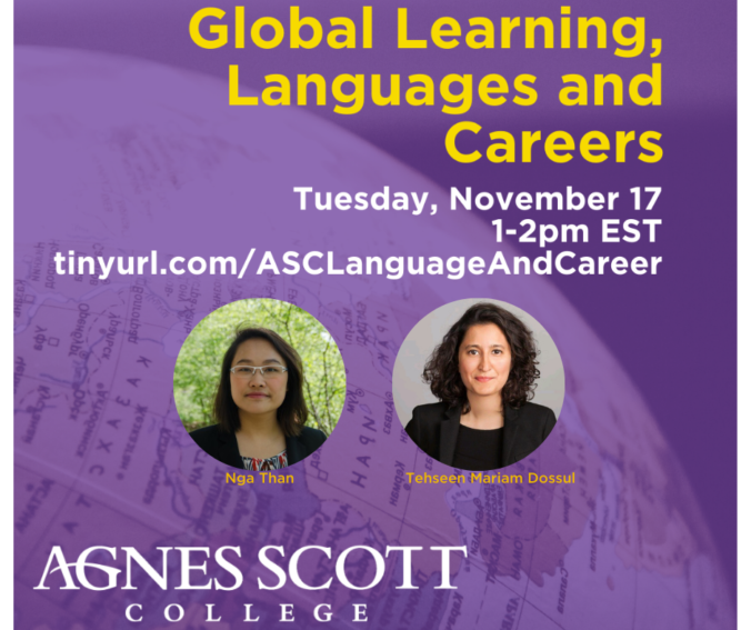 Advertising picture for November 17 2020 International Education Week showing 2 ASC alums and the title Global Learning, Languages, and Careers